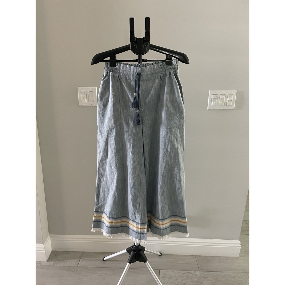 Womens Blue Striped Cropped Pants Elastic Waist Drawstring Tassel Frayed Hem - Picture 2 of 10